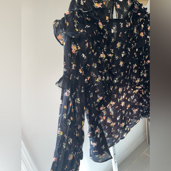 Zara Large Black Floral Ruffle Detail Long Sleeve Top - Picture 6 of 11